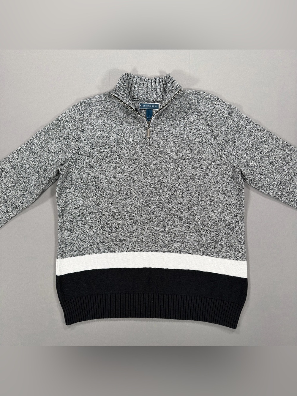 Karen Scott Women's Sweater Large L 100% Cotton Striped Grey White Black Knit - Picture 2 of 9